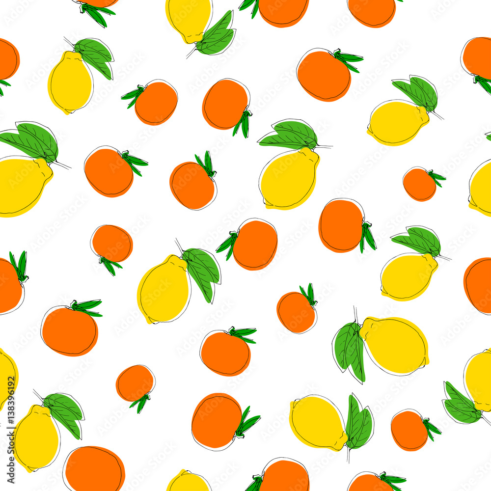 Vector seamless pattern background with hand drawn lemons in vintage style. On white.