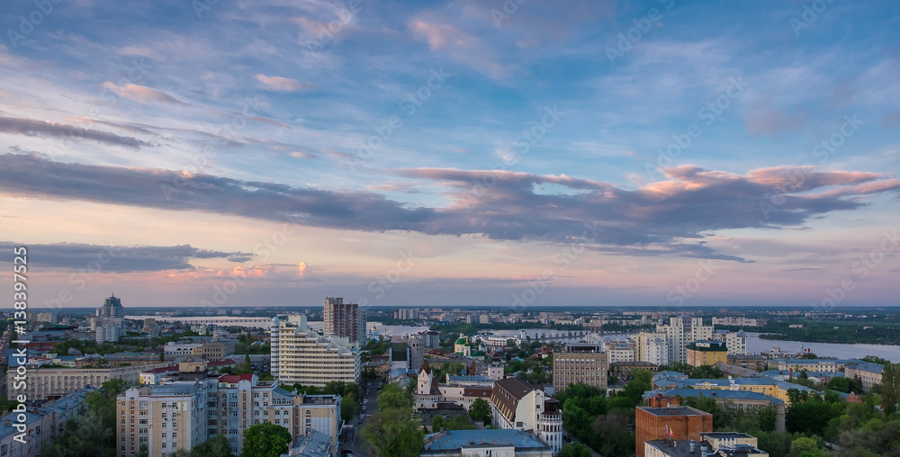 Voronezh, evening summer cityscape, colourful sky at sunset light