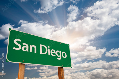 San Diego Green Road Sign Over Dramatic Clouds and Sky.
