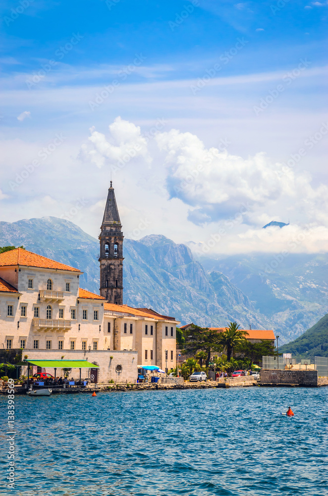 Fototapeta premium beautiful mediterranean landscape. Mountains and fishing boats near town Perast, Kotor bay (Boka Kotorska), Montenegro.