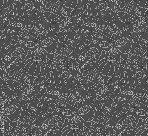 Food. Black and white seamless pattern in Doodle and cartoon style. Blackboard