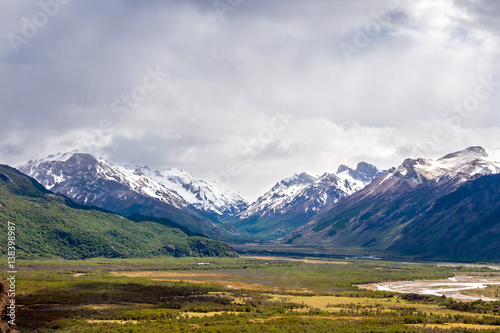 Argentina, Patagonia, El Chalten area. Trekking to the Laguna Capri and Fitz Roy Mountain. Landscape view to the river Rio de las Vueltas valley. Sky with the clouds.