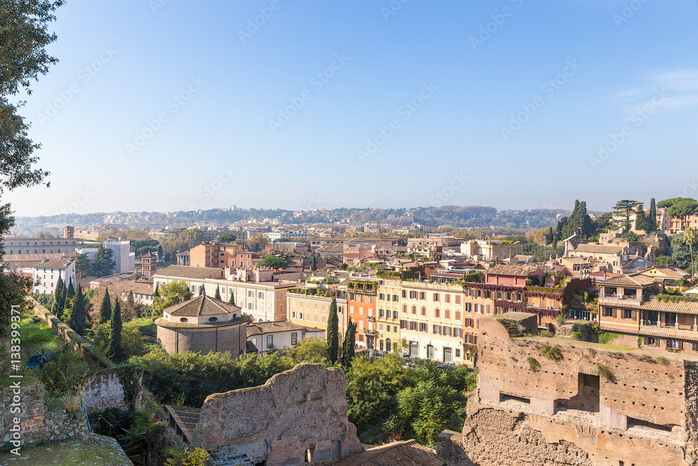 Rome, Italy. View from the hill Palatine: in the foreground the ruins of the palace of Caligula