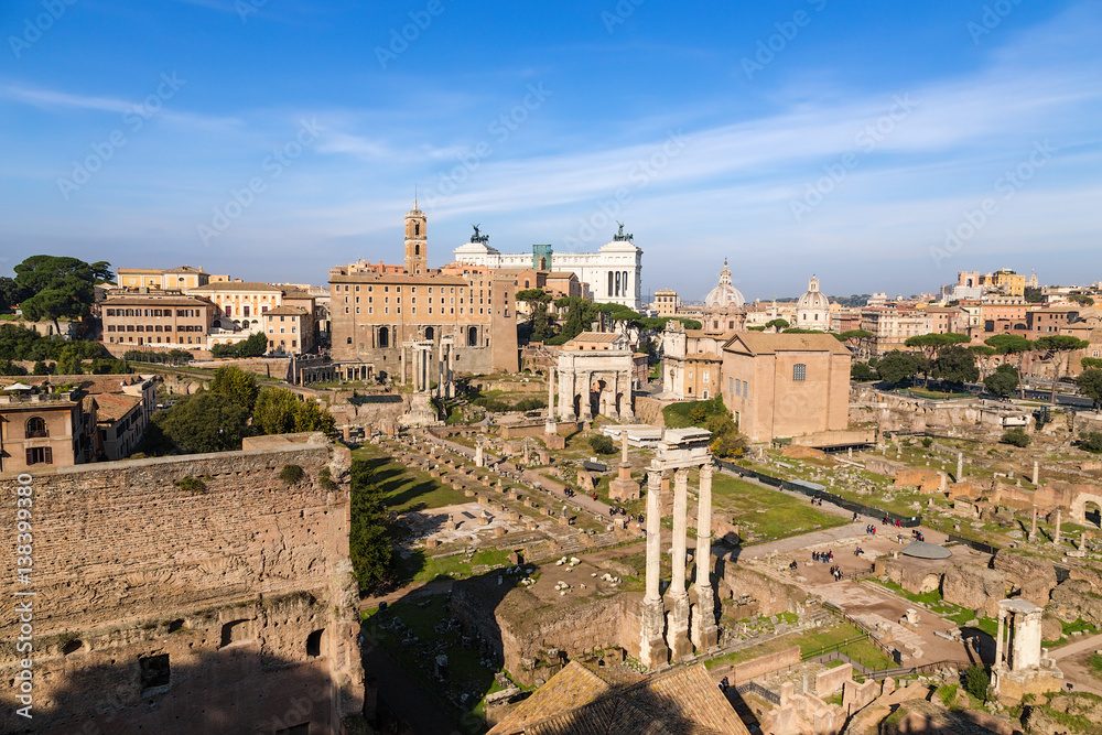 Rome, Italy. View of the ruins of the Roman Forum from Palatine hill
