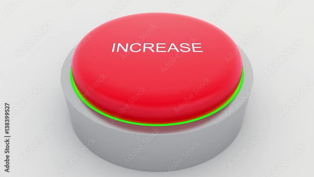 Big red button with increase inscription being pushed. Conceptual 4K clip