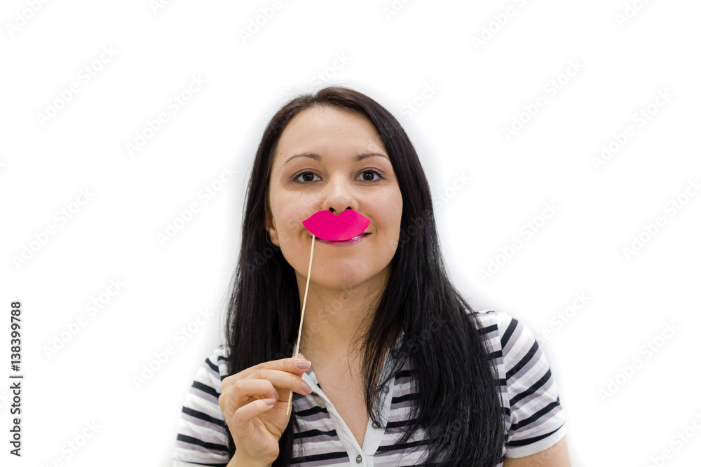 Funny young girl with paper lips. Props for the party. Portrait of the blonde with a sweet smile. Lip augmentation. Funny young girl with paper lips. Props for the party. Portrait of the blonde with a sweet smile. Lip augmentation.