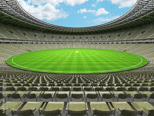 3D render of a round cricket stadium with grey green  seats and VIP boxes