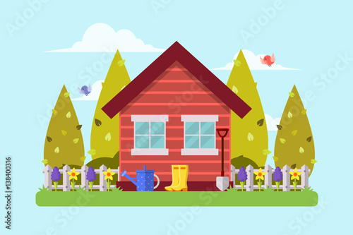 Spring Garden and House. Flat Design Style. 
