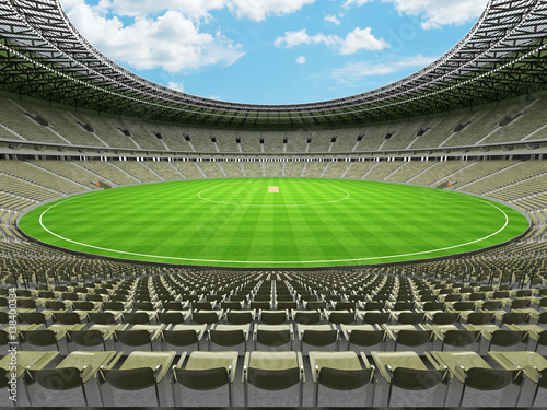 3D render of a round cricket stadium with grey green seats and VIP boxes