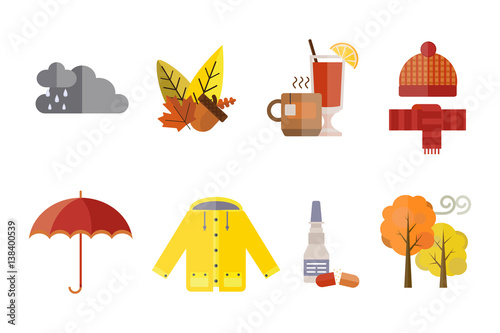 autumn clothes set the fall treeclouds cold weather red yellow hat scarf gloves coat parka socks boots mulled wine vector illustration umbrella