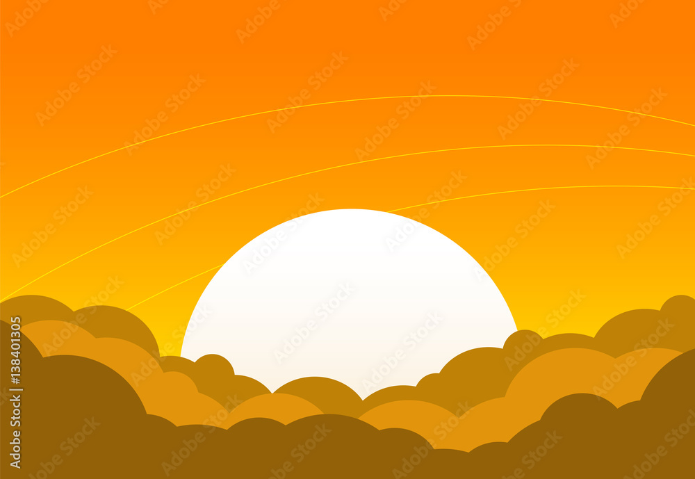 Cartoon sunset with bright sun