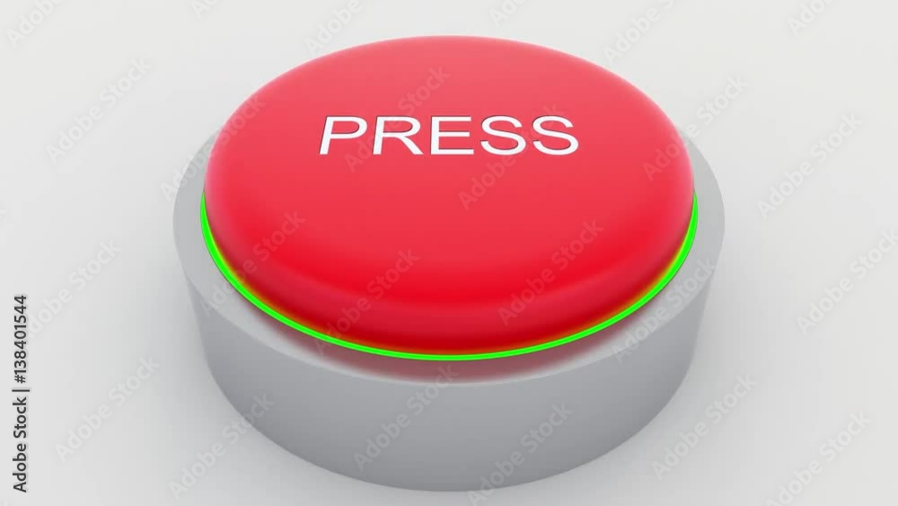 Big red button with press inscription being pushed. Conceptual 4K clip