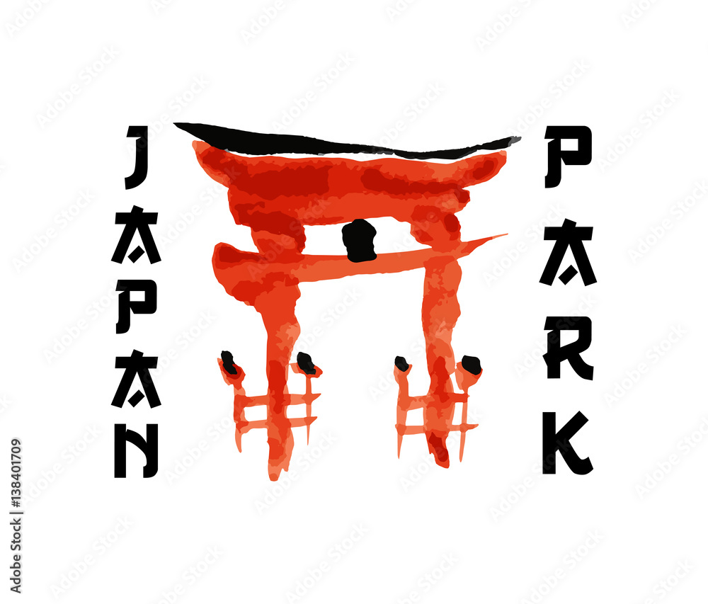 Asian gate, building symbol in traditional japanese sumi-e style. Vector red sign, hieroglypgs Japan Park design Asian gate, building symbol in traditional japanese sumi-e style. Vector red sign, hieroglypgs Japan Park design