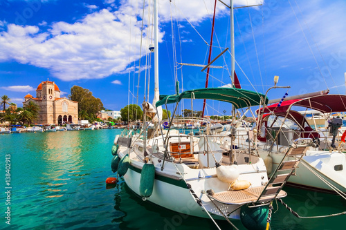 Sailing in beautiful Greek islands - charming tranquil Aegina, Saronics
