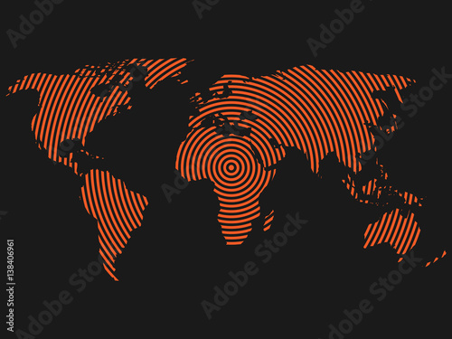 World map of orange concentric rings on dark grey background. Worldwide communication radio waves concept Modern design vector wallpaper.
