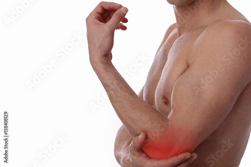 Man With Pain In Elbow. Pain relief concept. Sports exercising injury.