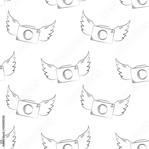 Photo camera seamless pattern. Vector illustration cameras with wings