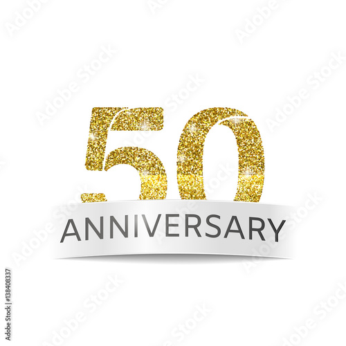 Isolated abstract Fiftieth birthday anniversary banner vector illustration. Gold glitter logo.