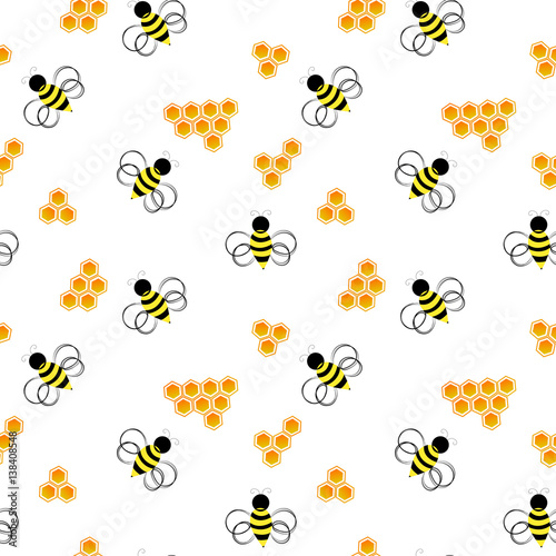 Bee pattern. Honeycomb with bee  on white background. Vector Illustration