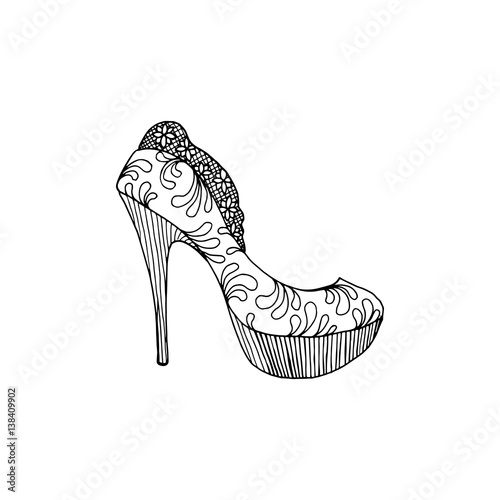 High-heeled shoes for woman. Fashion footwear artwork in shoe style pattern fill. Isolated clipart for coloring book pages design