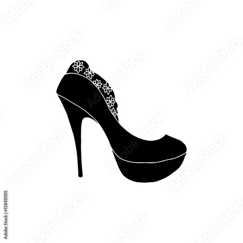 High-heeled black silhouette shoes for woman. Fashion footwear artwork. Isolated clipart for coloring book pages design