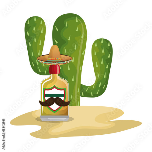 background Cactus with bottle of tequila vector illustration
