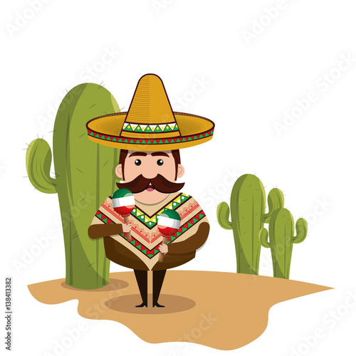background Cactus with man mexican and traditional outfit vector illustration