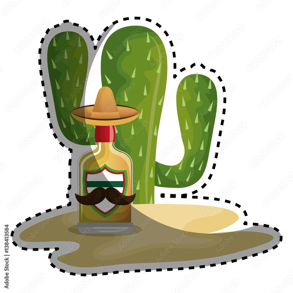 sticker background Cactus with bottle of tequila vector illustration