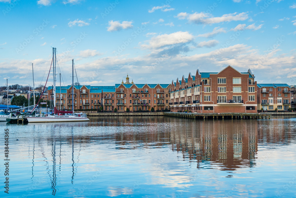 Residences and boats on the waterfront in Canton, Baltimore, Maryland.