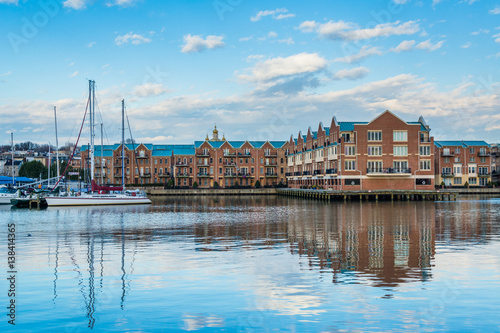 Residences and boats on the waterfront in Canton, Baltimore, Maryland.
