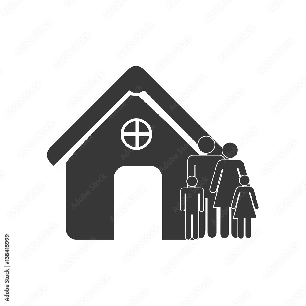 monochrome pictogram of house with family vector illustration monochrome pictogram of house with family vector illustration