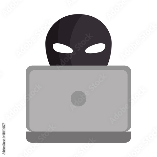 color silhouette with criminal hacker and laptop vector illustration