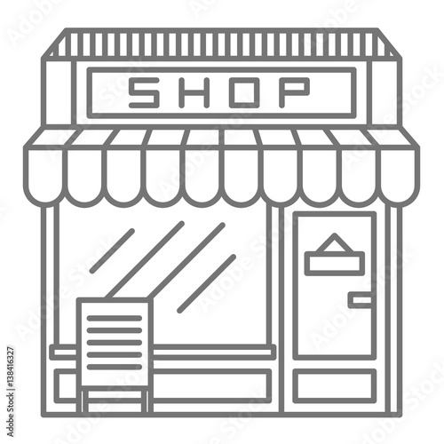 Line drawn cafe shop front with tant menu and window grey imple icon on white