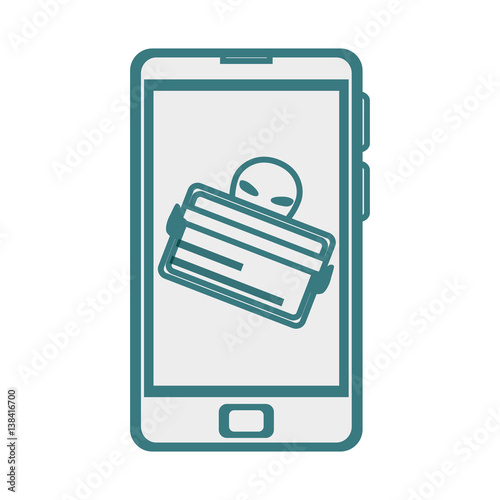 monochrome contour with stealing credit card in cell phone vector illustration