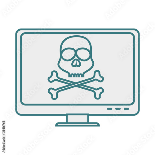 monochrome contour with lcd monitor with virus skull and bones on screen vector illustration