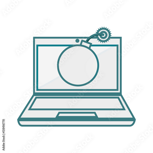 monochrome contour of laptop computer with virus bomb on screen vector illustration