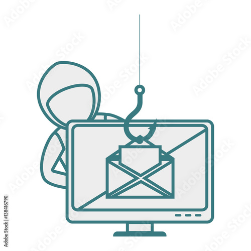monochrome contour with hacker stealing mail information vector illustration