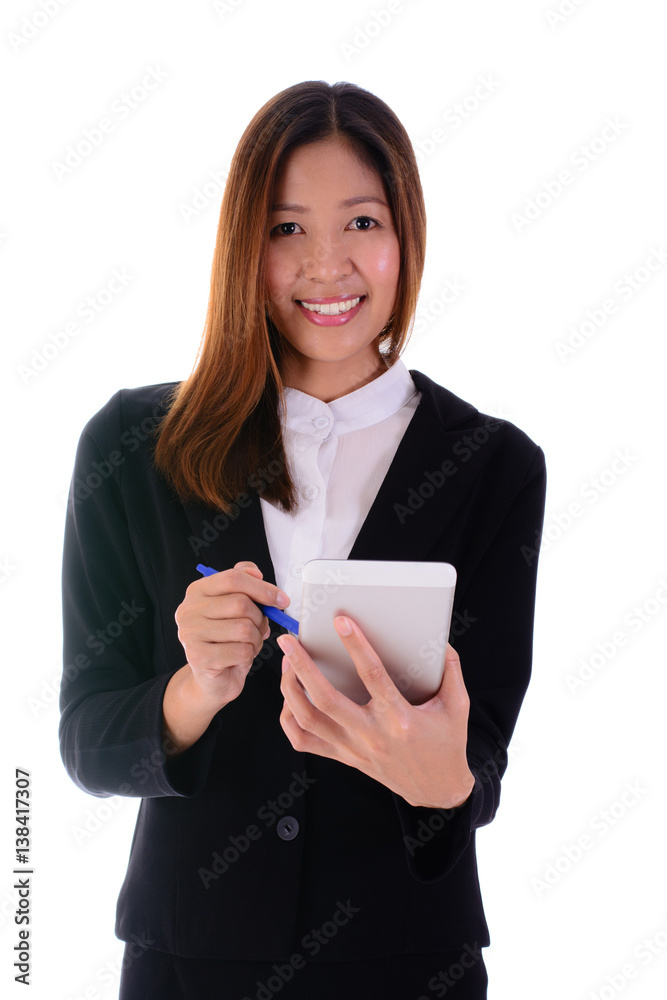 Smiling businesswoman using tablet on white background.