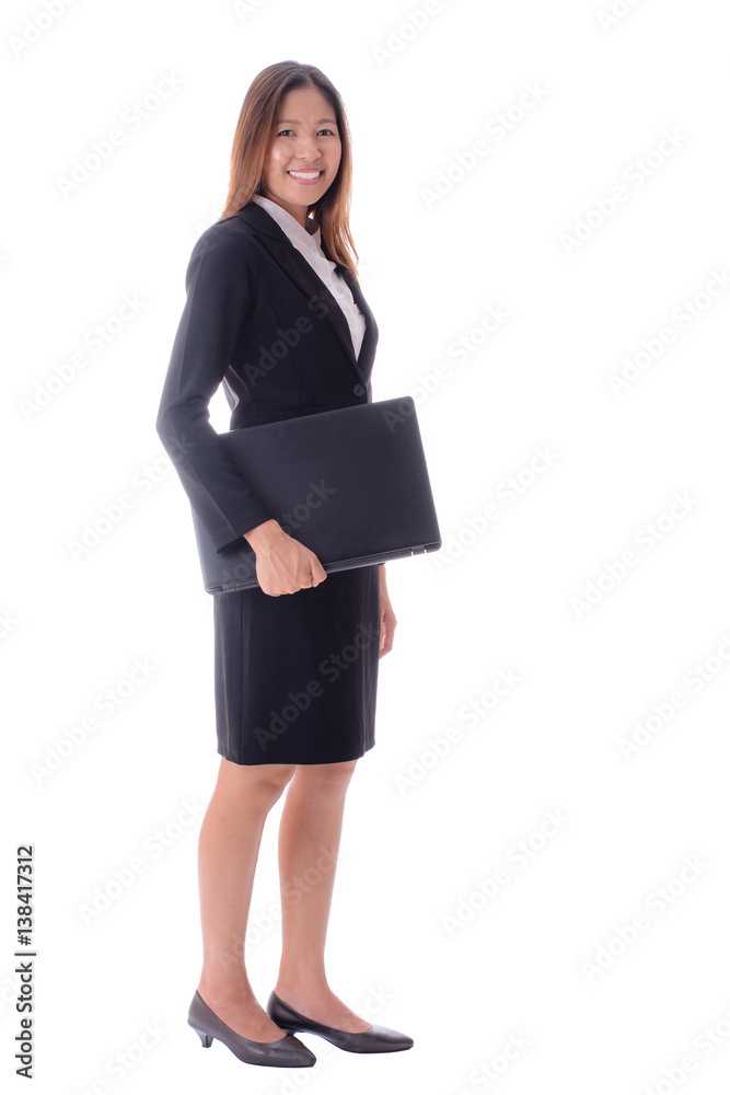 Smiling attractive business woman holding notebook on white background. Smiling attractive business woman holding notebook on white background.
