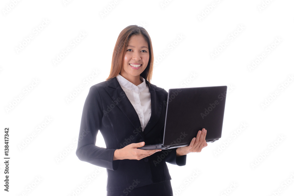 Smiling attractive business woman holding notebook on white background. Smiling attractive business woman holding notebook on white background.