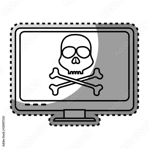 monochrome contour sticker with lcd monitor with virus skull and bones on screen vector illustration