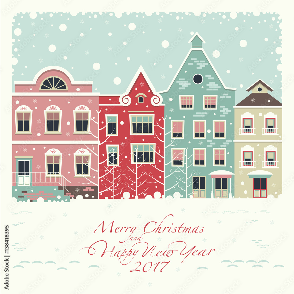 The cover of the card. Depicts a winter street with houses . The house of red, pink, green and beige colors.The phrase merry Christmas and a happy New year.