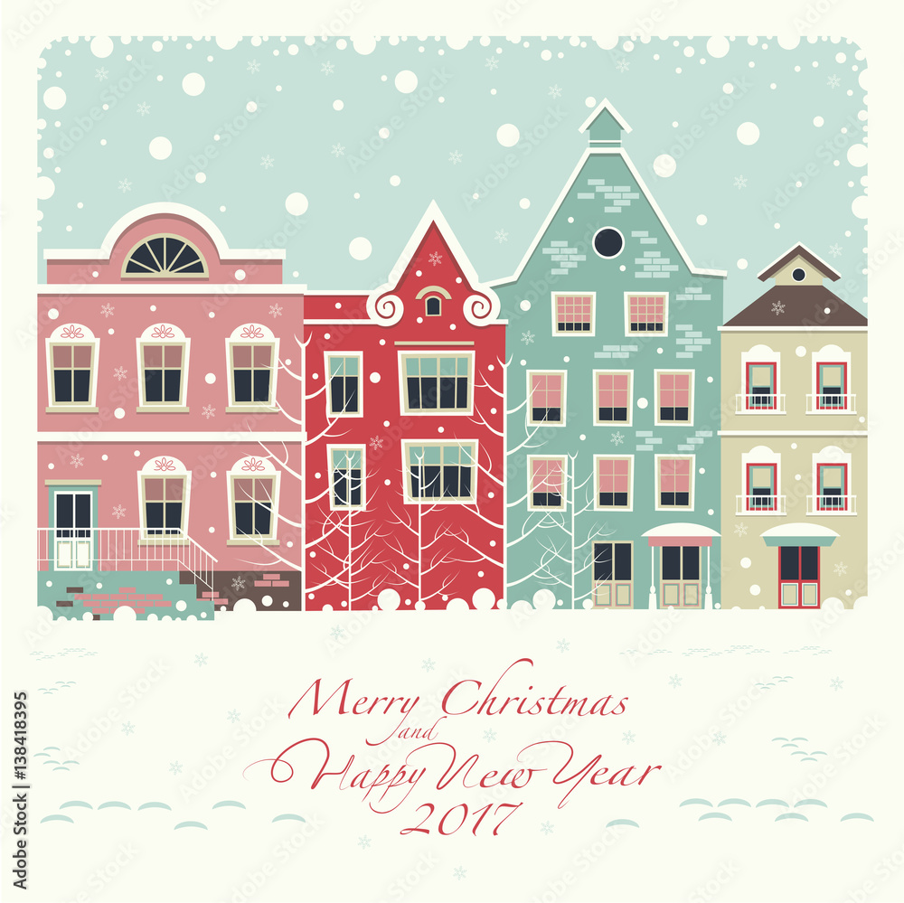 The cover of the card. Depicts a winter street with houses . The house of red, pink, green and beige colors.The phrase merry Christmas and a happy New year. The cover of the card. Depicts a winter street with houses . The house of red, pink, green and beige colors.The phrase merry Christmas and a happy New year.