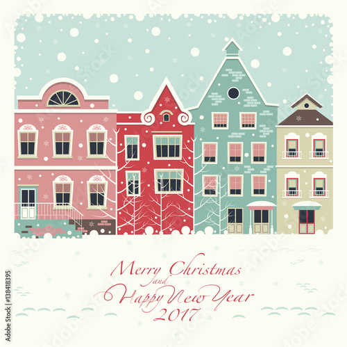 The cover of the card. Depicts a winter street with houses . The house of red, pink, green and beige colors.The phrase merry Christmas and a happy New year.