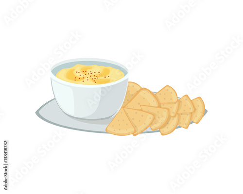 Hummus jewish food appetizer mashed chickpeas with tahin traditional meal cuisine parsley matzah and vegetarian delicious lunch soup vector illustration.