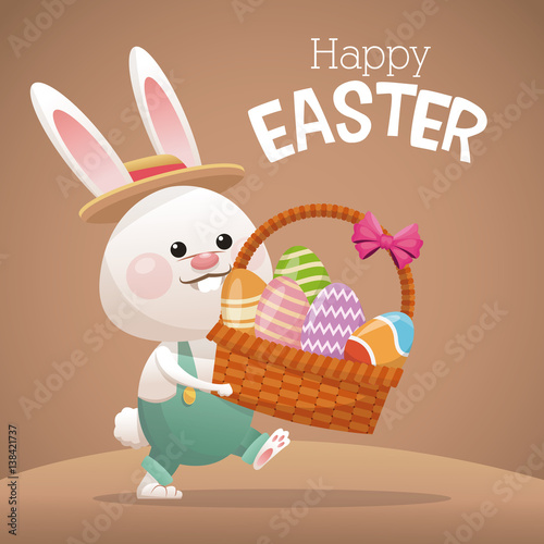 happy easter card bunny carrying basket egg vector illustration eps 10