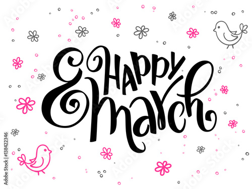 vector hand lettering greetings text - happy womens day with doodle flowers and bubbles