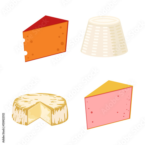 Delicious fresh cheese variety italian dinner icon flat dairy food and milk camembert piece different delicatessen gouda set isolated vector illustration.
