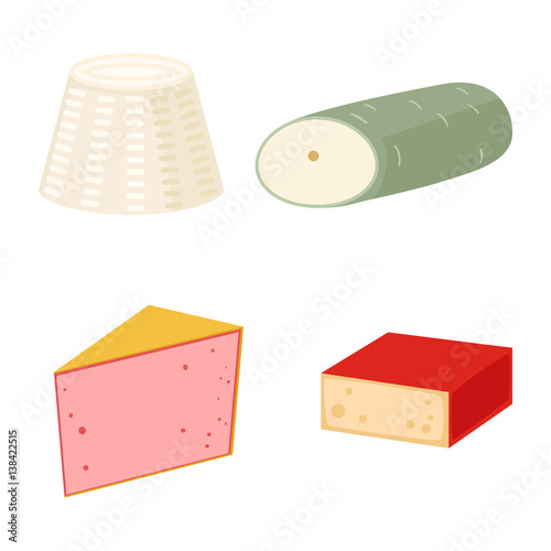 Delicious fresh cheese variety italian dinner icon flat dairy food and milk camembert piece different delicatessen gouda set isolated vector illustration.
