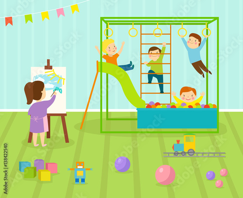 Kids playroom with light furniture decor playground and toys on the floor carpet decorating flat style cartoon comfortable interior vector illustration.